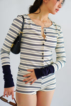 Zix Stripes Button Down Lounge 2 Piece Set in White and Blue