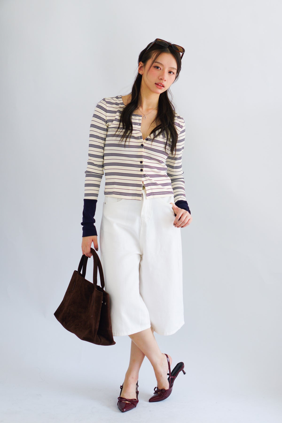 Zix Stripes Button Down Lounge 2 Piece Set in White and Blue