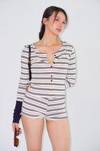 Zix Stripes Button Down Lounge 2 Piece Set in White and Blue