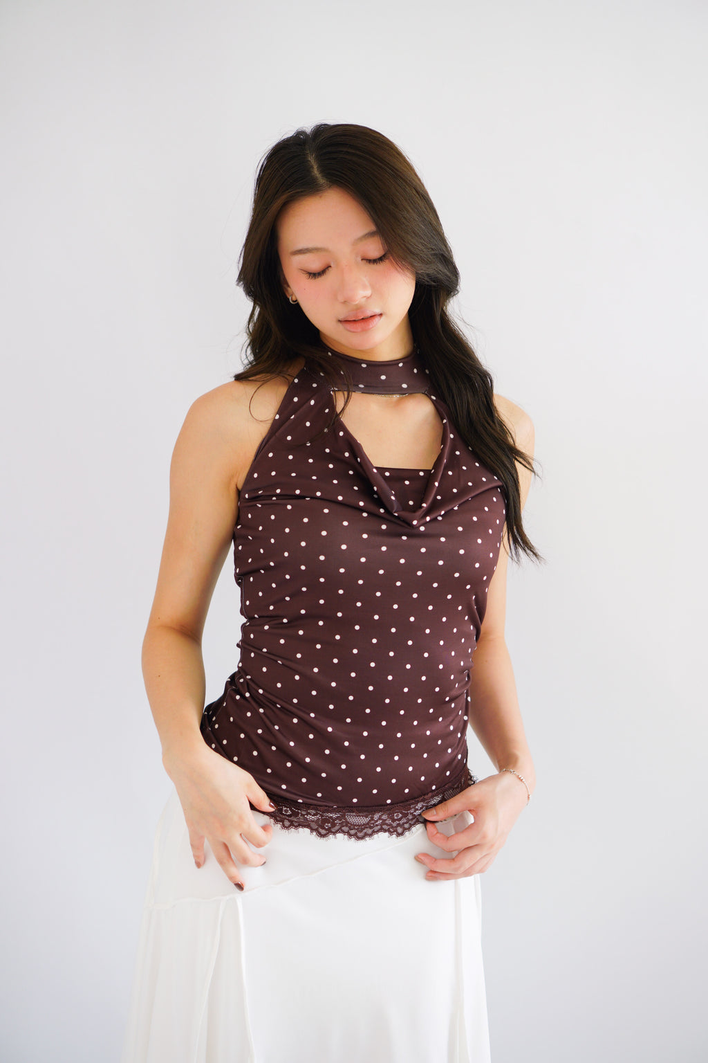 (BACKORDER) Pix Polkadot Cowl Neck Choker Top in Brown