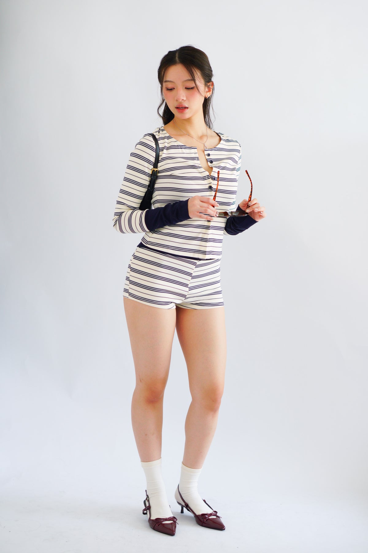 Zix Stripes Button Down Lounge 2 Piece Set in White and Blue