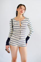 Zix Stripes Button Down Lounge 2 Piece Set in White and Blue