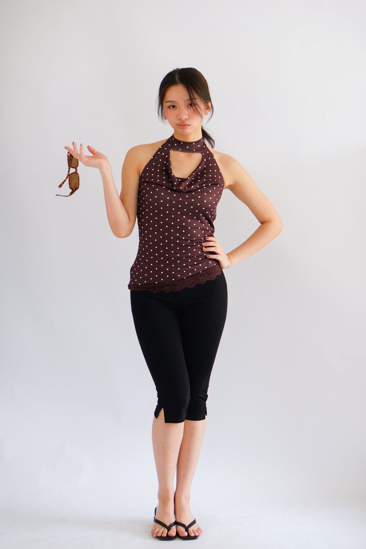 (BACKORDER) Pix Polkadot Cowl Neck Choker Top in Brown