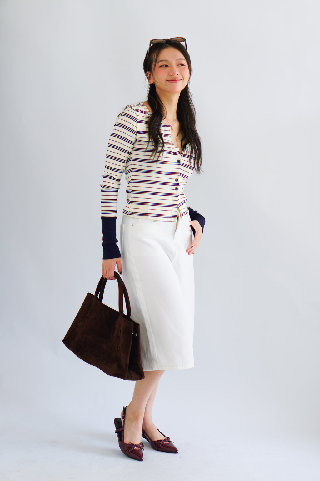 Zix Stripes Button Down Lounge 2 Piece Set in White and Blue