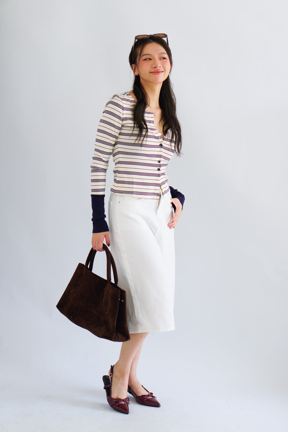 Zix Stripes Button Down Lounge 2 Piece Set in White and Blue