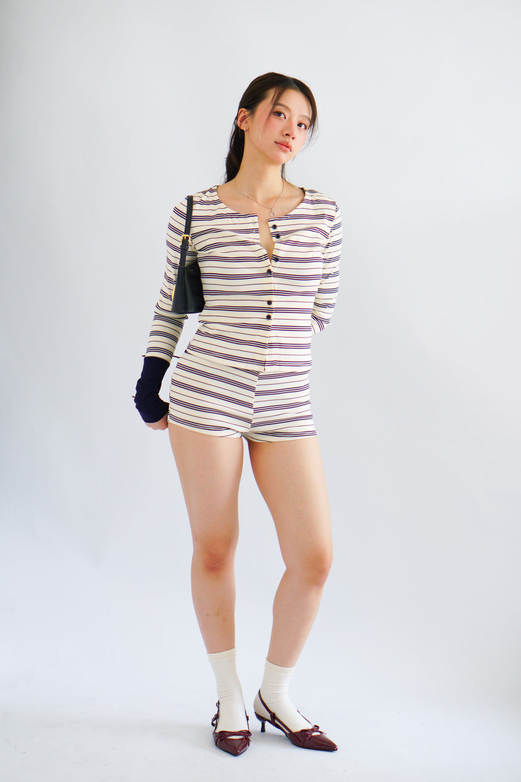 Zix Stripes Button Down Lounge 2 Piece Set in White and Blue