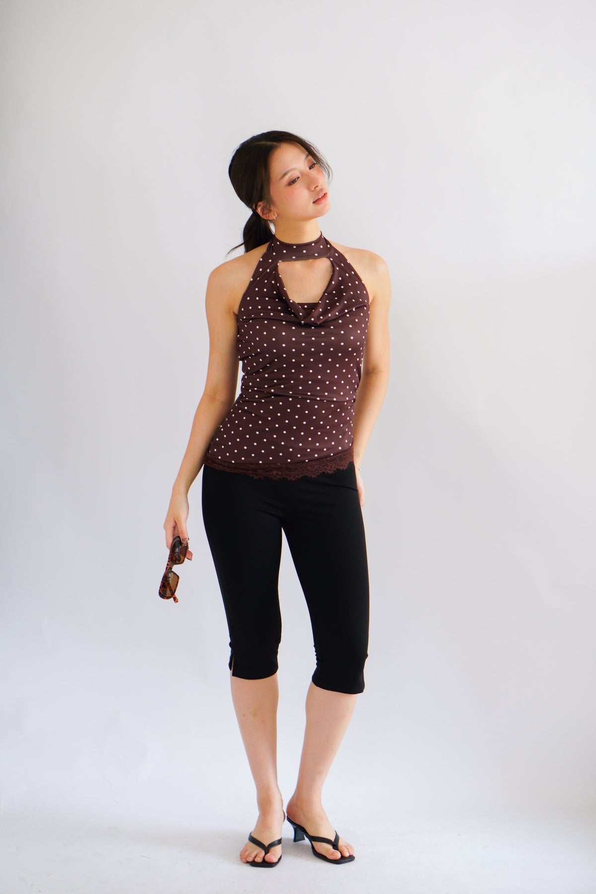 (BACKORDER) Pix Polkadot Cowl Neck Choker Top in Brown