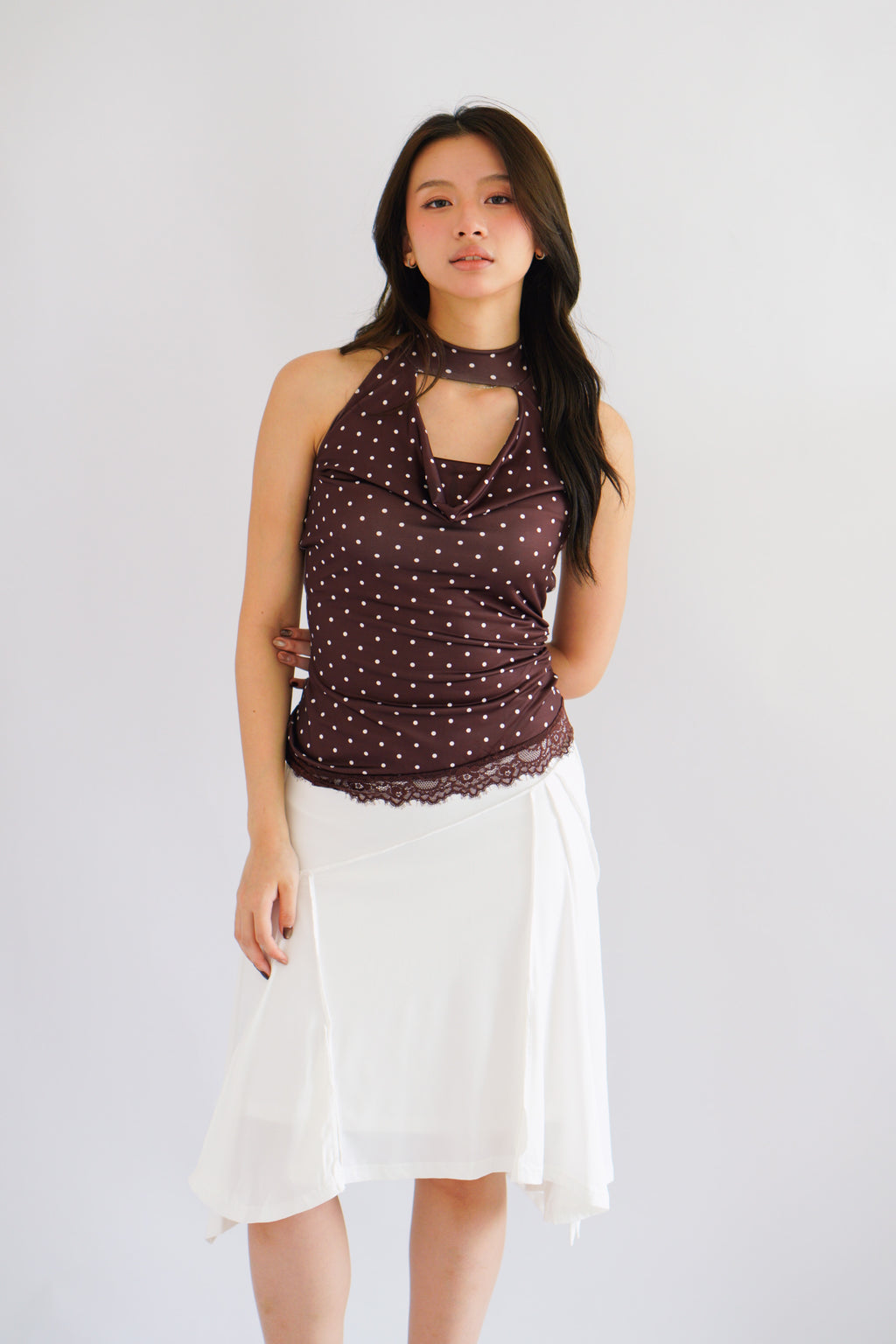 (BACKORDER) Pix Polkadot Cowl Neck Choker Top in Brown