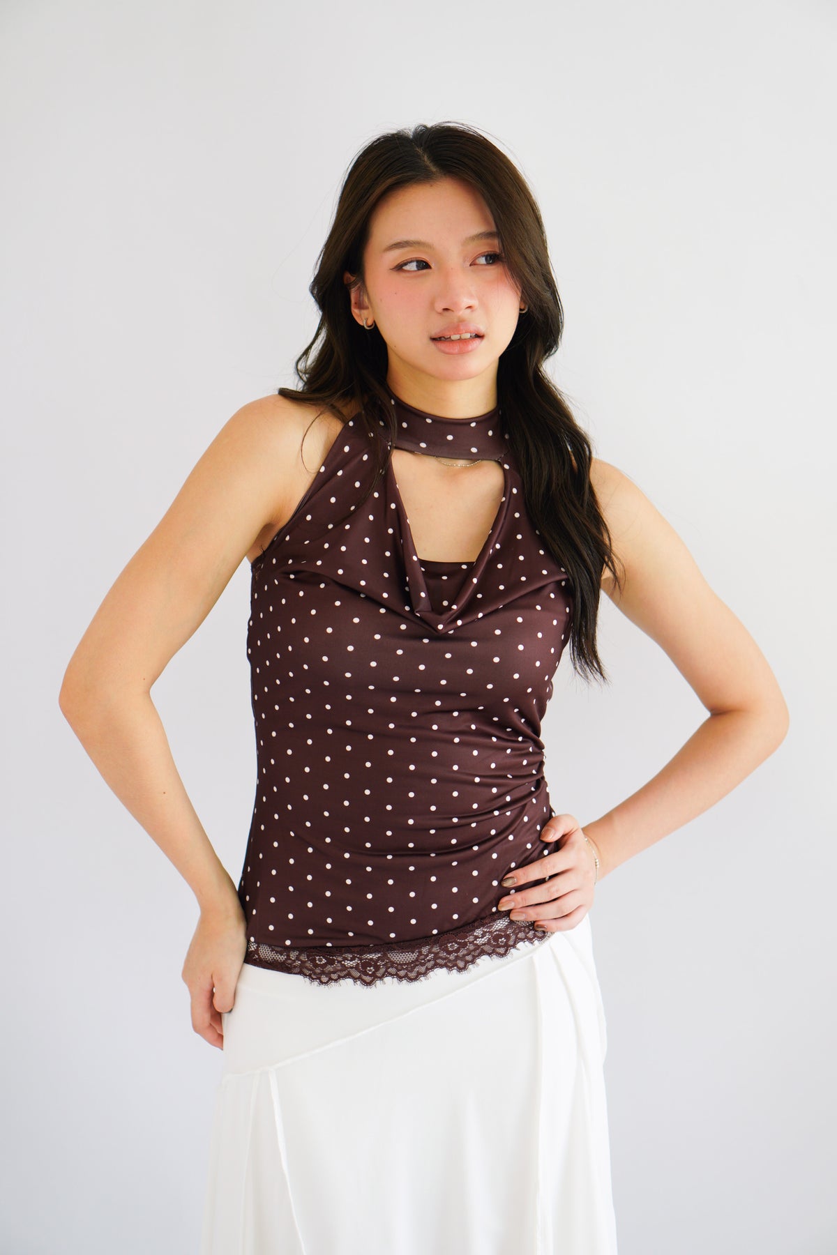 (BACKORDER) Pix Polkadot Cowl Neck Choker Top in Brown