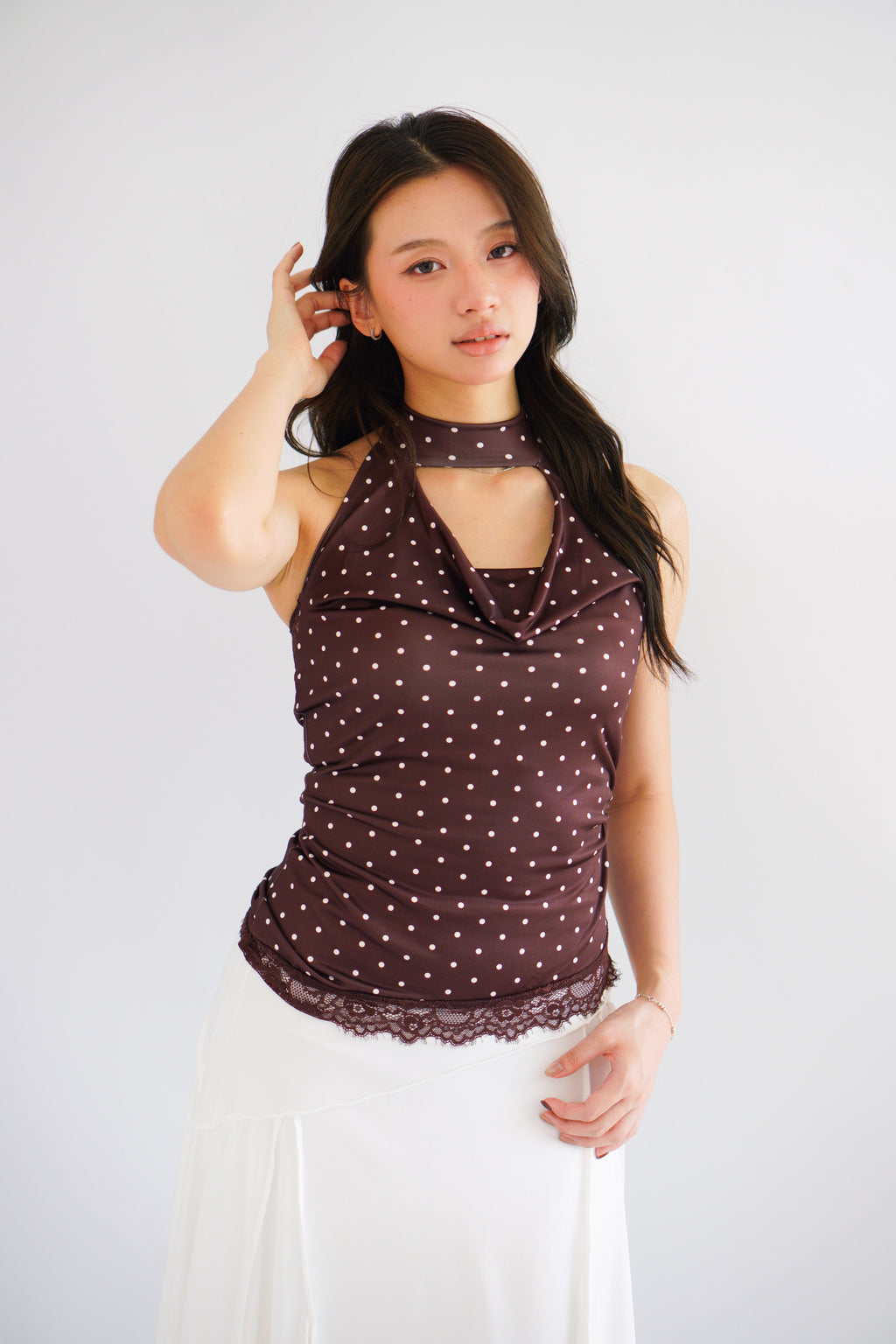 (BACKORDER) Pix Polkadot Cowl Neck Choker Top in Brown