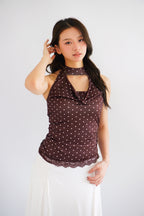 (BACKORDER) Pix Polkadot Cowl Neck Choker Top in Brown
