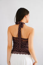 (BACKORDER) Pix Polkadot Cowl Neck Choker Top in Brown