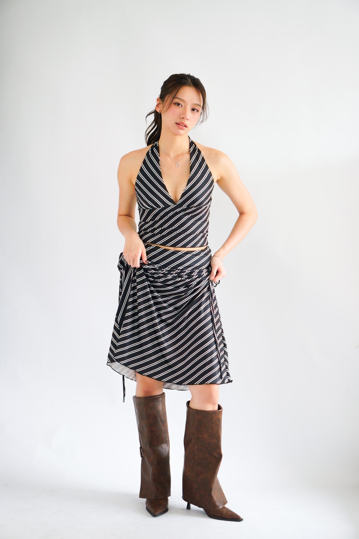 Leia Stripes 2 Piece Skirt Set in Black