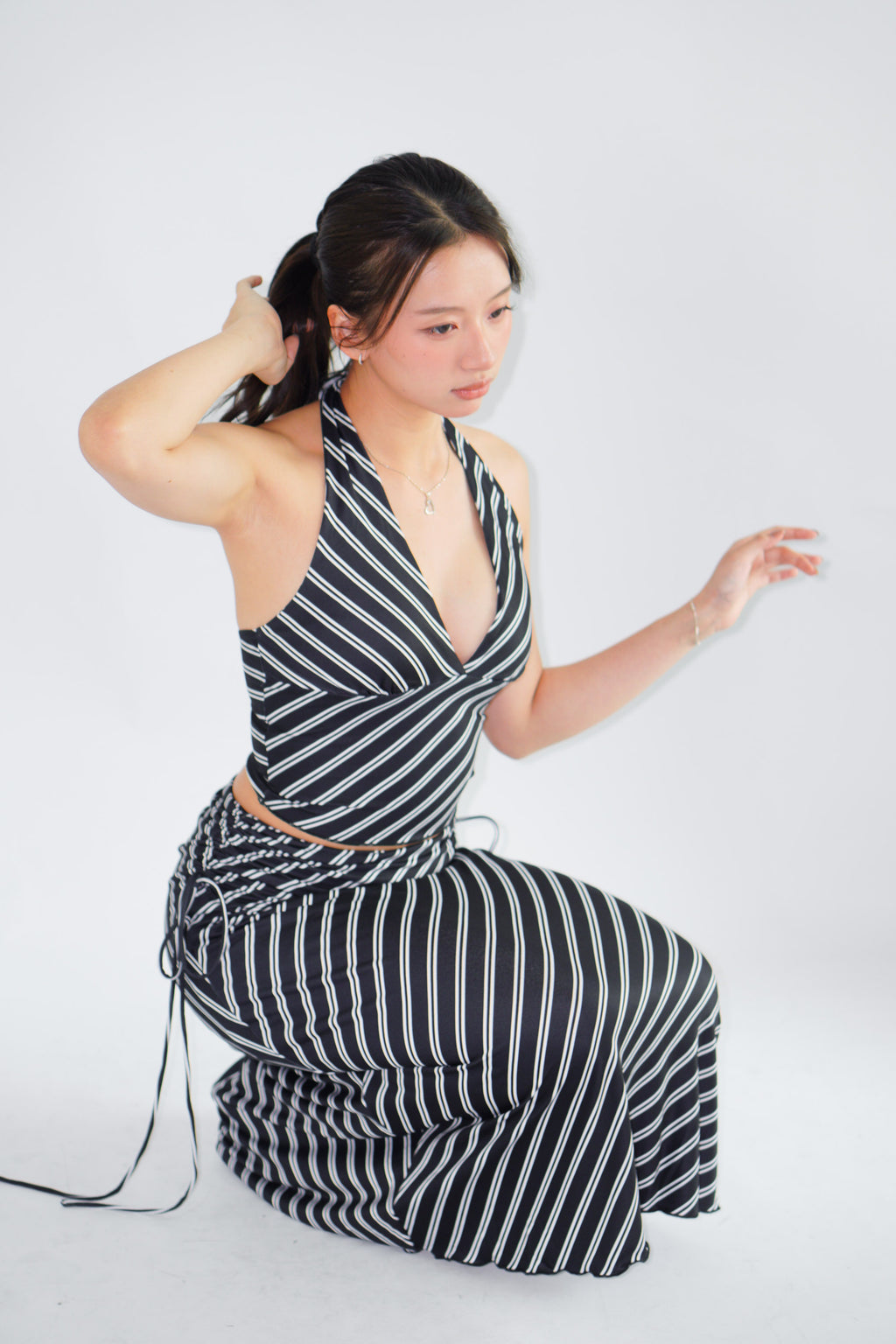 Leia Stripes 2 Piece Skirt Set in Black