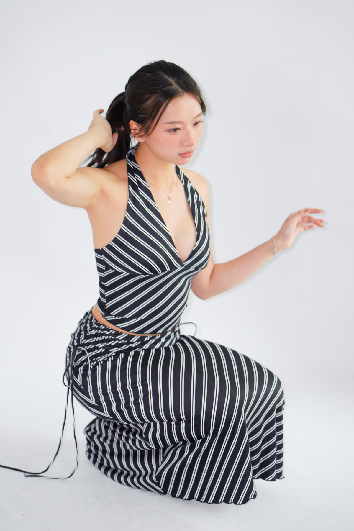 Leia Stripes 2 Piece Skirt Set in Black