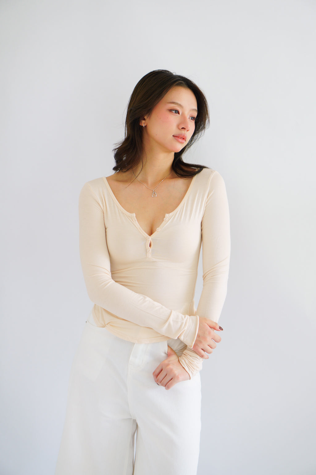 Zumi Button Down Long Sleeve Top in Beige