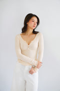Zumi Button Down Long Sleeve Top in Beige
