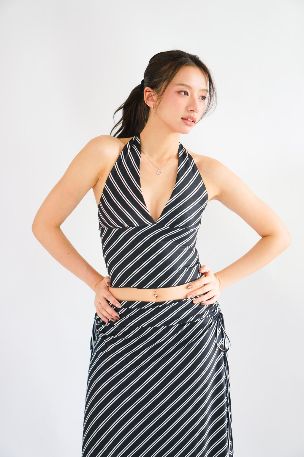 Leia Stripes 2 Piece Skirt Set in Black