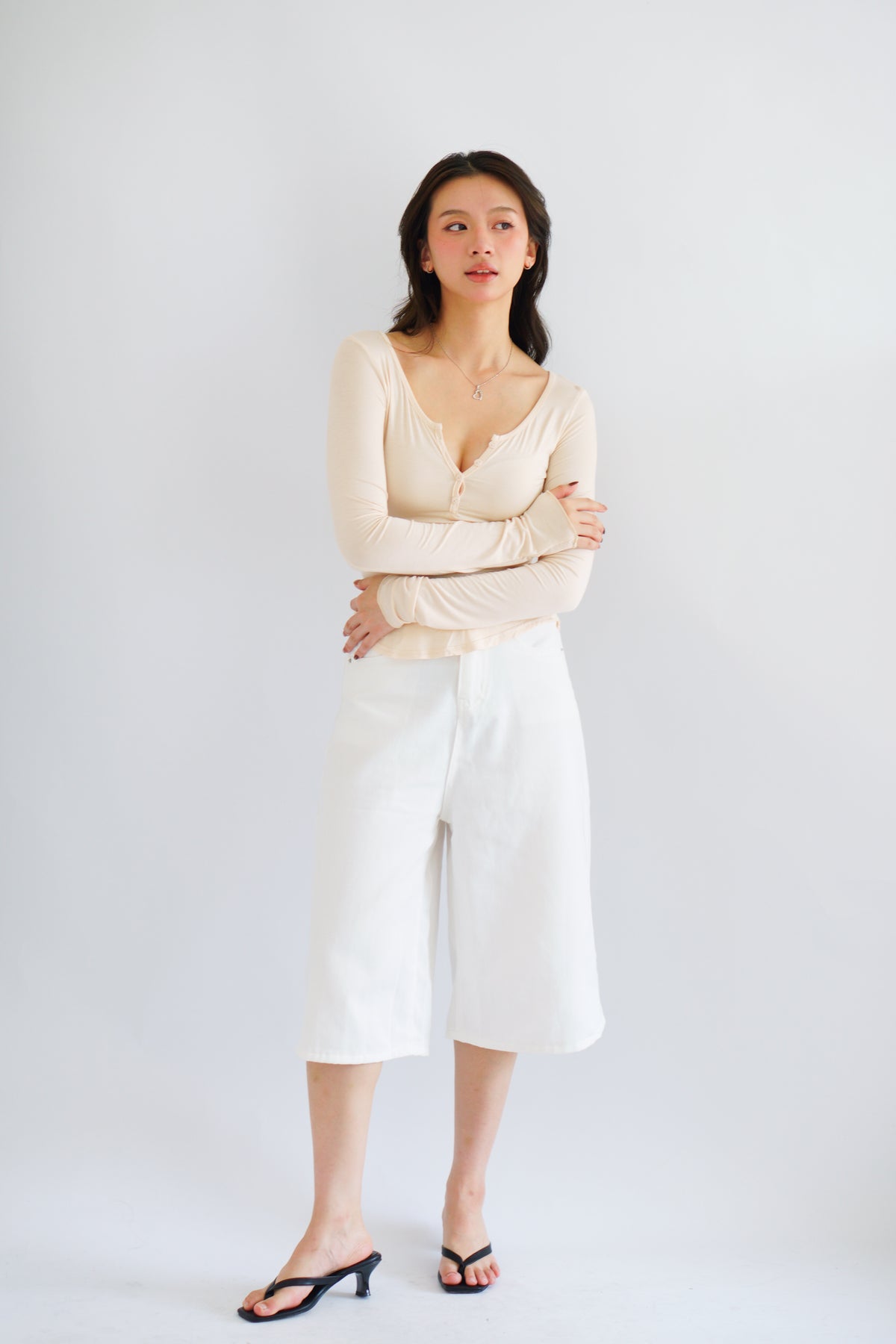 Zumi Button Down Long Sleeve Top in Beige
