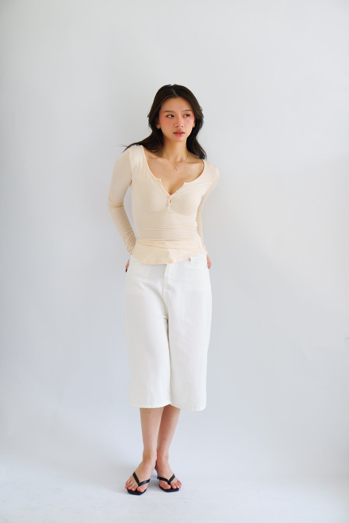 Zumi Button Down Long Sleeve Top in Beige