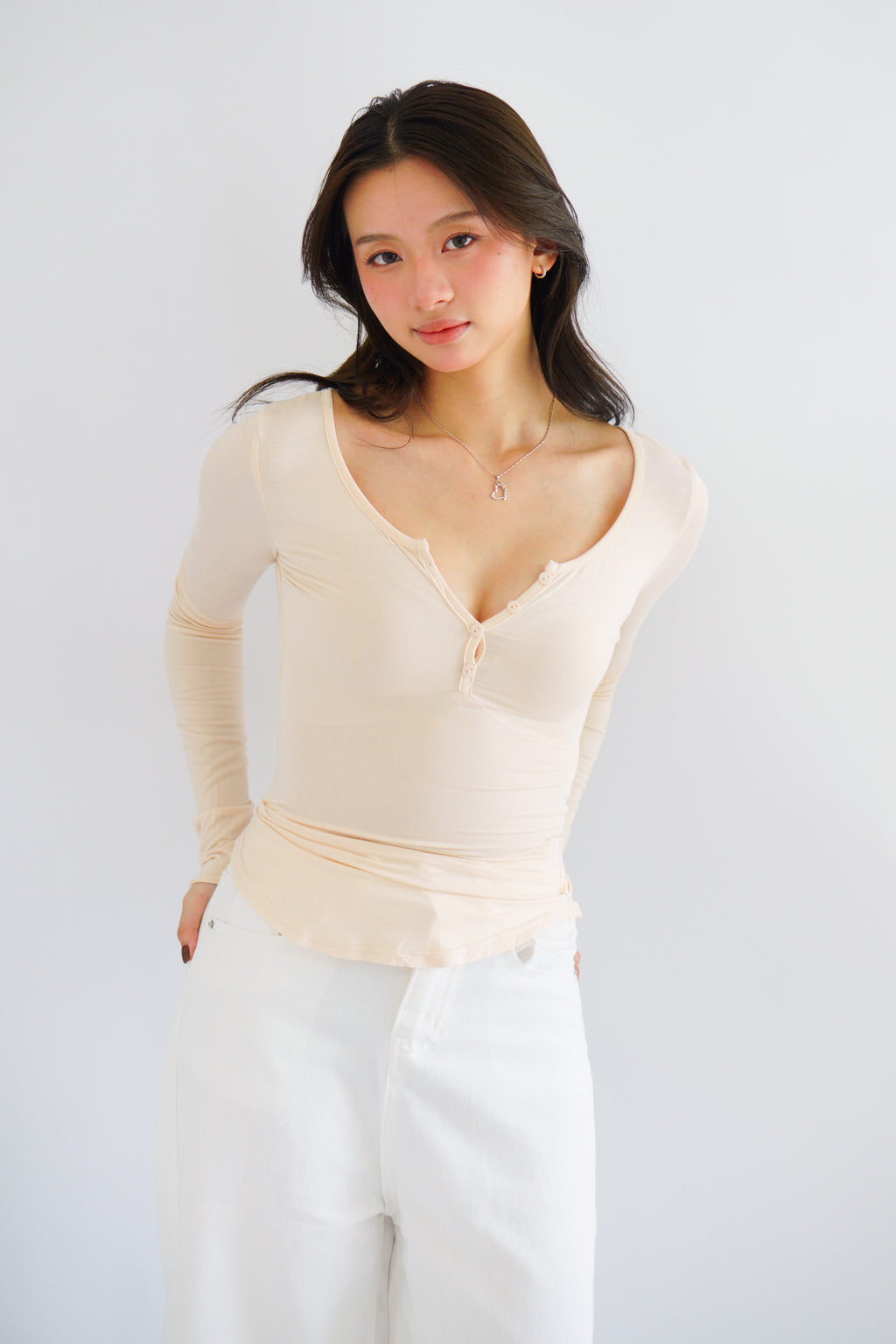 Zumi Button Down Long Sleeve Top in Beige