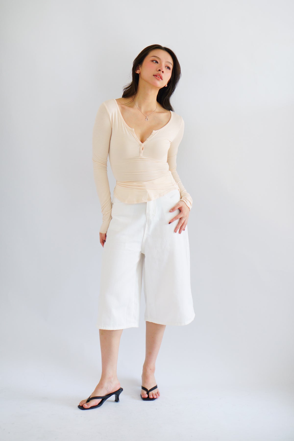 Zumi Button Down Long Sleeve Top in Beige
