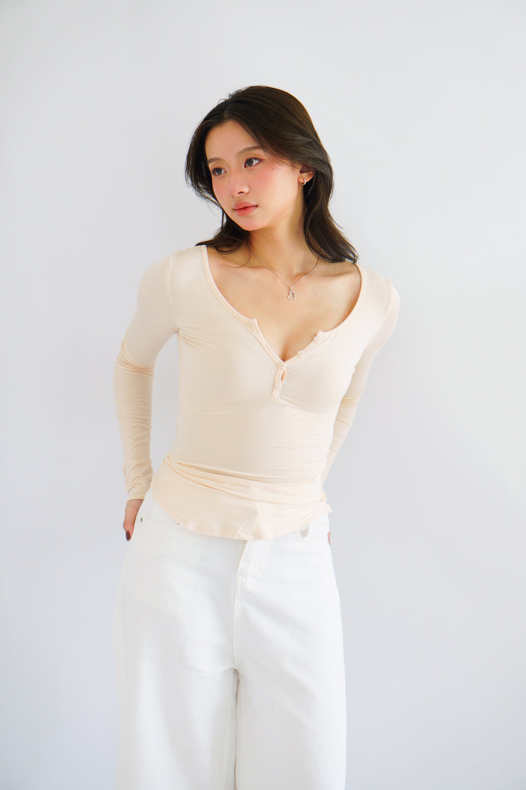 Zumi Button Down Long Sleeve Top in Beige