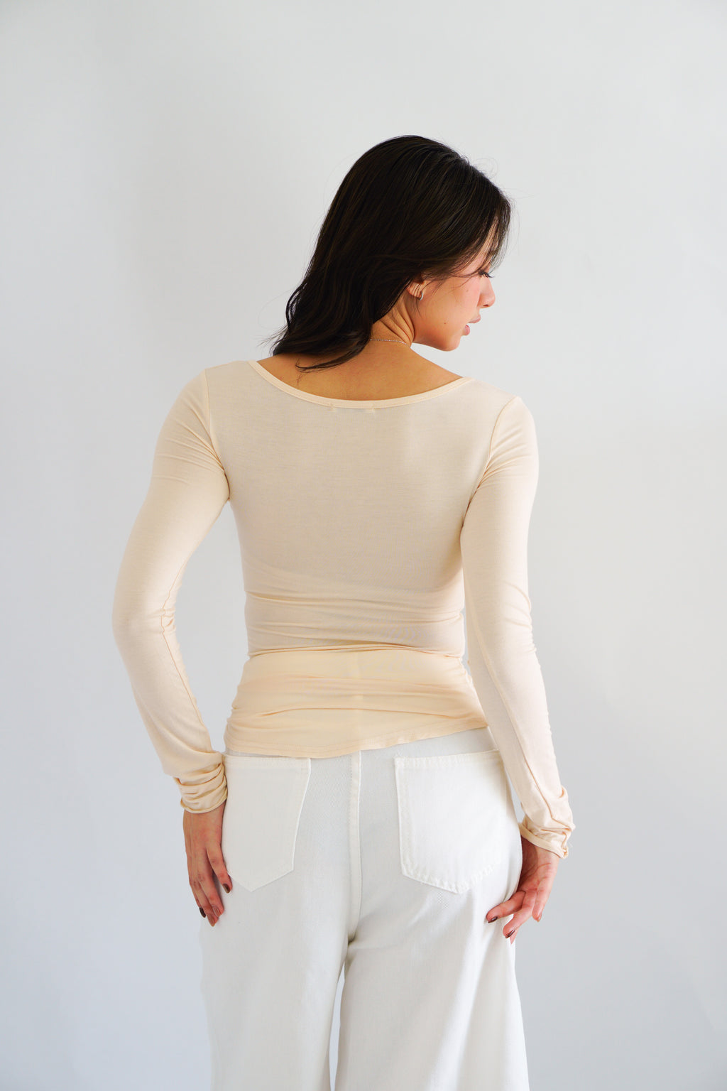 Zumi Button Down Long Sleeve Top in Beige