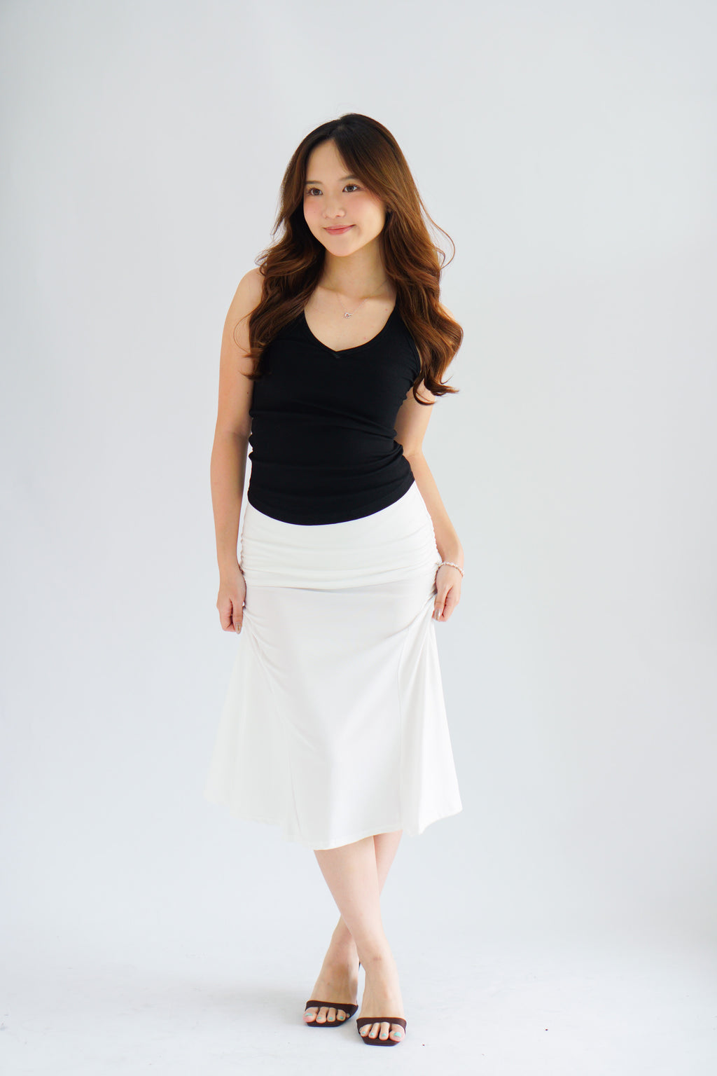 Avril Midi Ruched Waist Fishtail Skirt in White