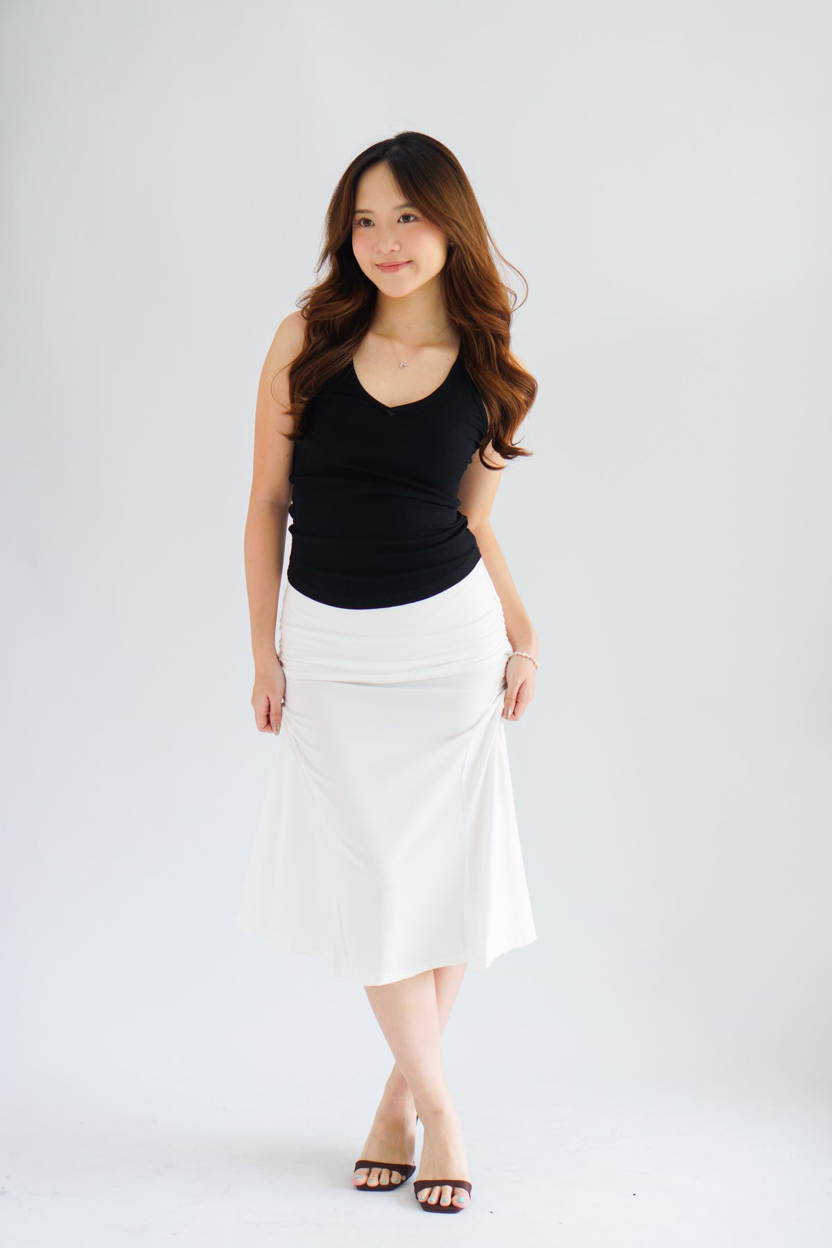 Avril Midi Ruched Waist Fishtail Skirt in White
