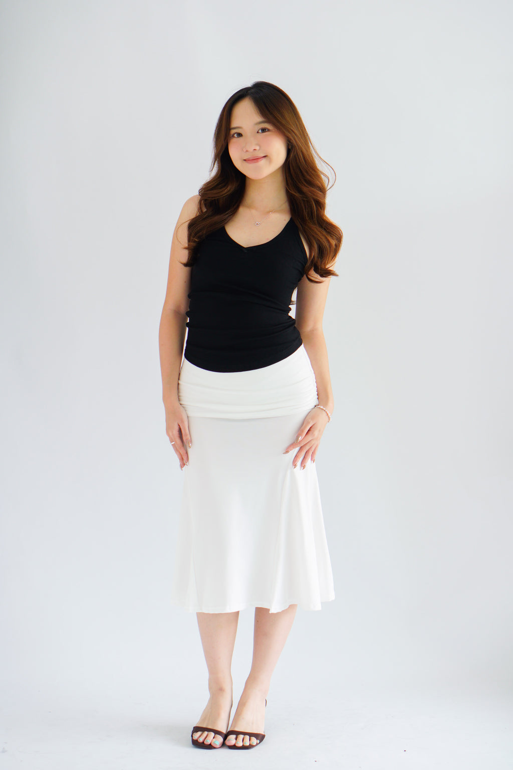 Avril Midi Ruched Waist Fishtail Skirt in White