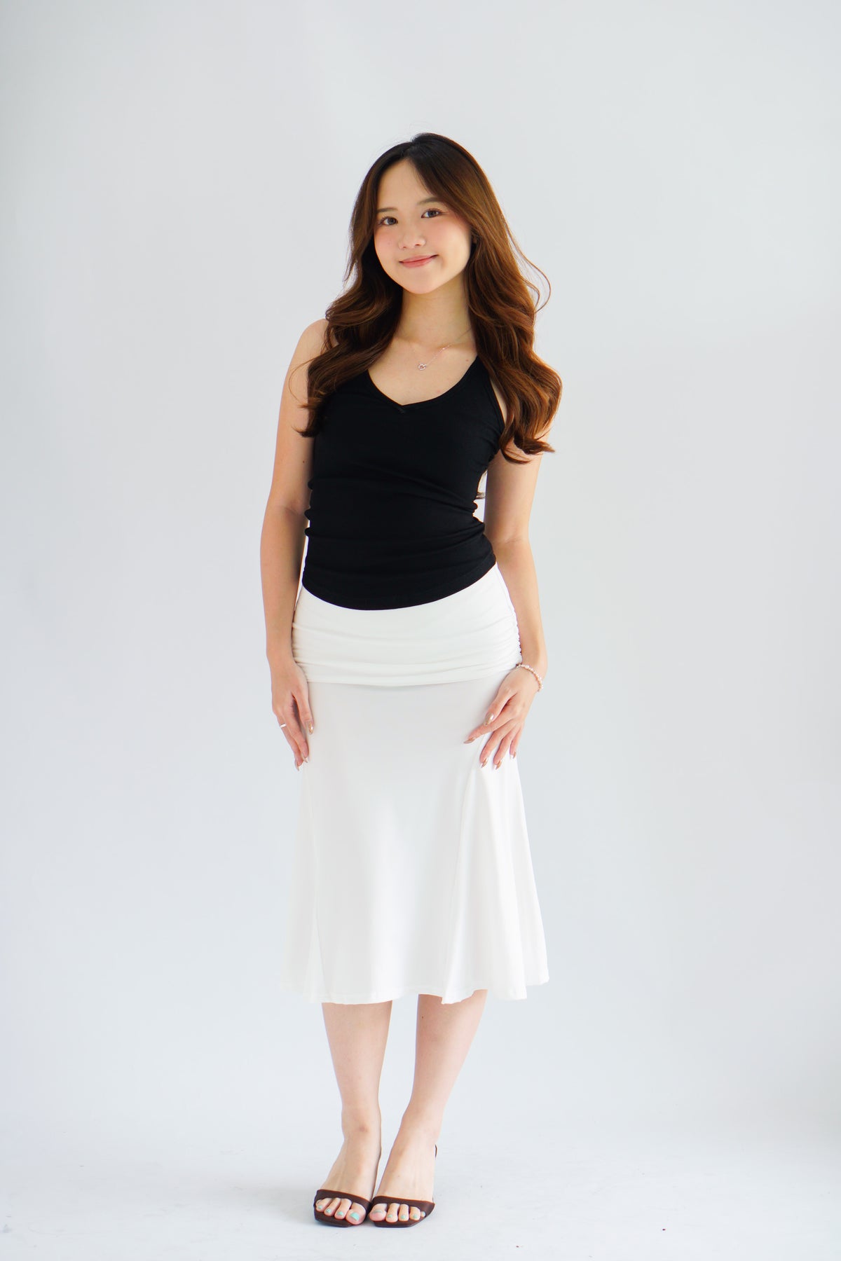 Avril Midi Ruched Waist Fishtail Skirt in White