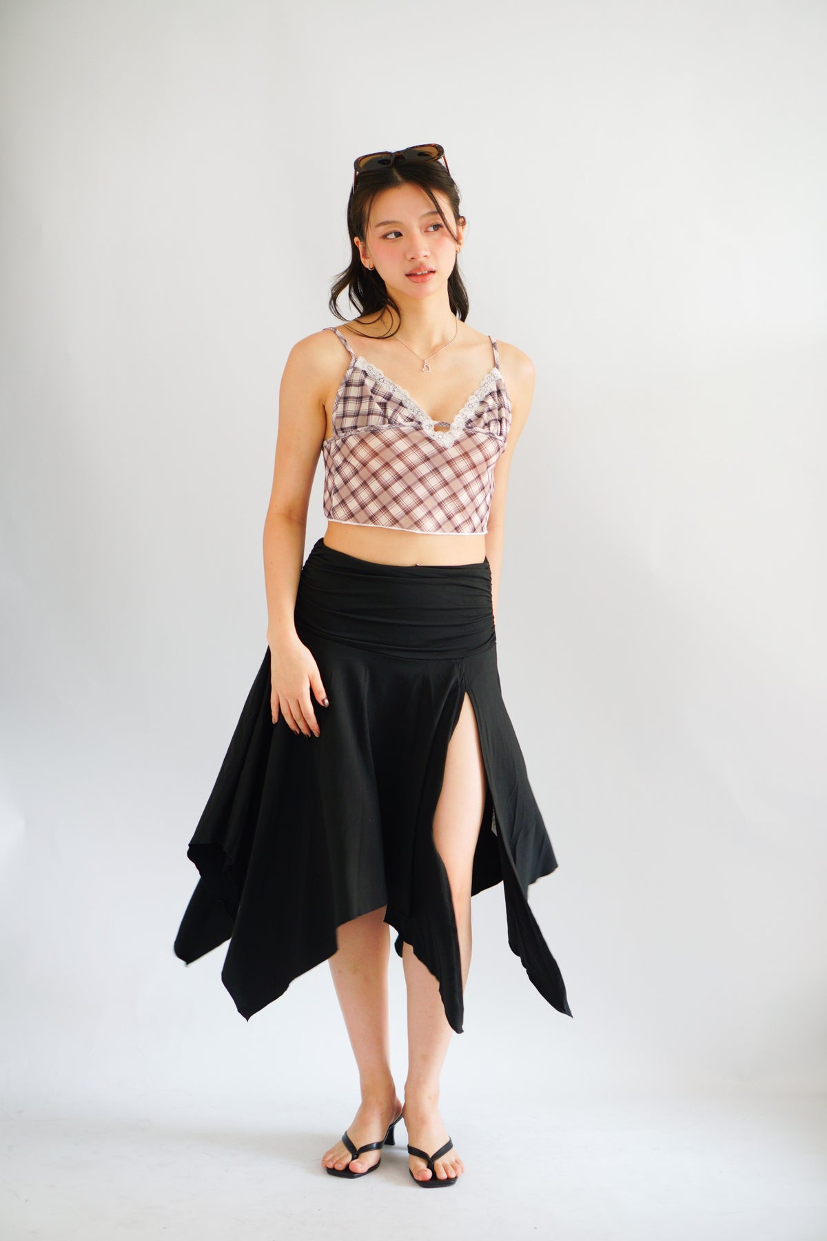 Doreen Asymmetrical Midi Skirt with Slit in Black