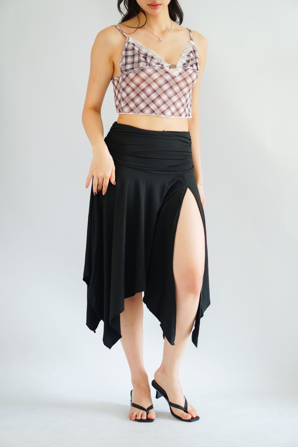 Doreen Asymmetrical Midi Skirt with Slit in Black