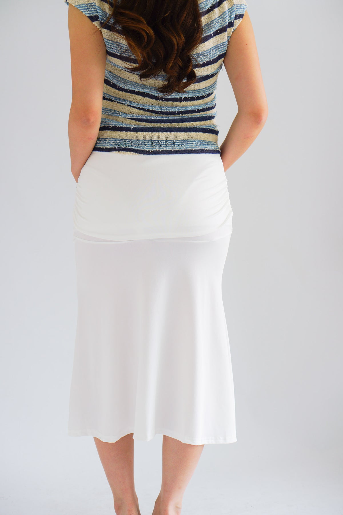 Avril Midi Ruched Waist Fishtail Skirt in White