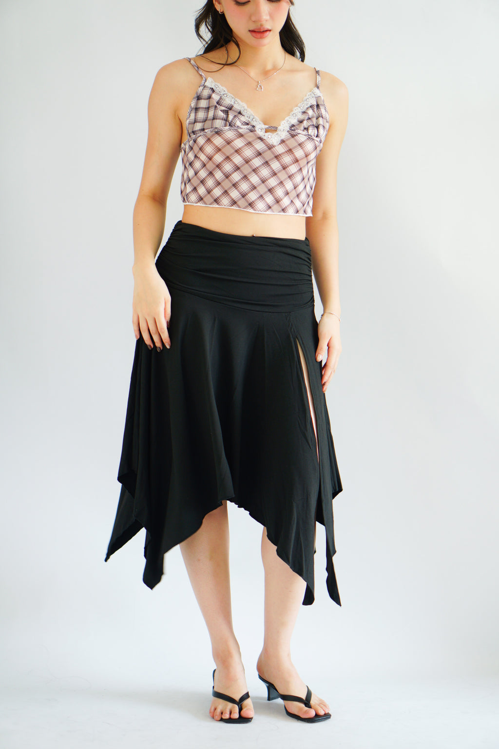 Doreen Asymmetrical Midi Skirt with Slit in Black