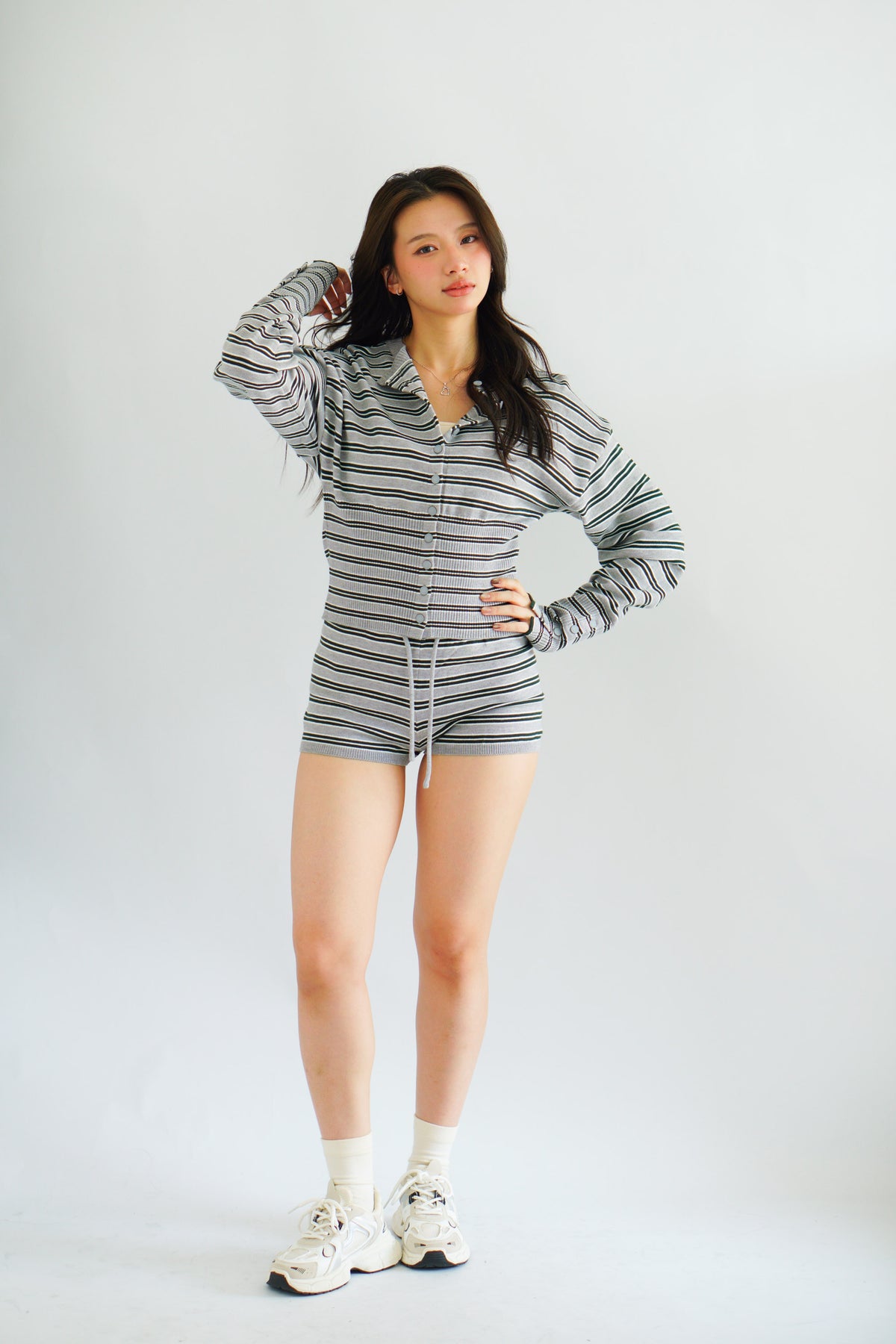 Nikka Stripes Button Down Knit 2 Piece Set in Grey