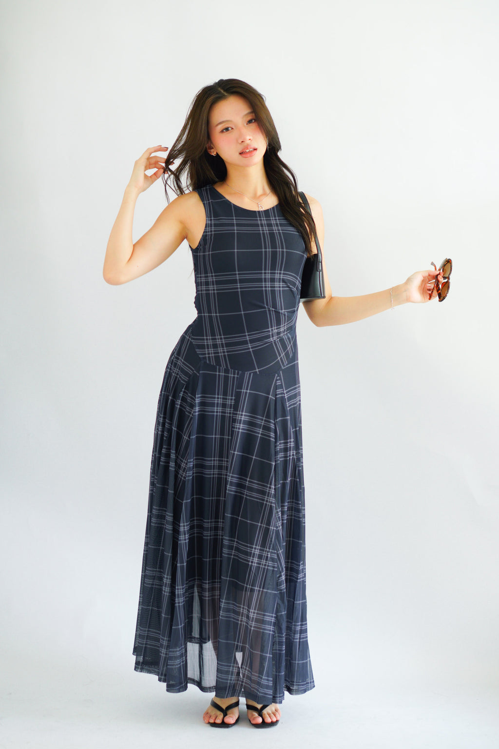 Shermaine Plaid A-line Maxi Dress in Dark Blue
