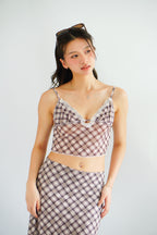 Patsy Plaid Low V Neck Crop Top & Midi Skirt 2 Piece Set in Brown