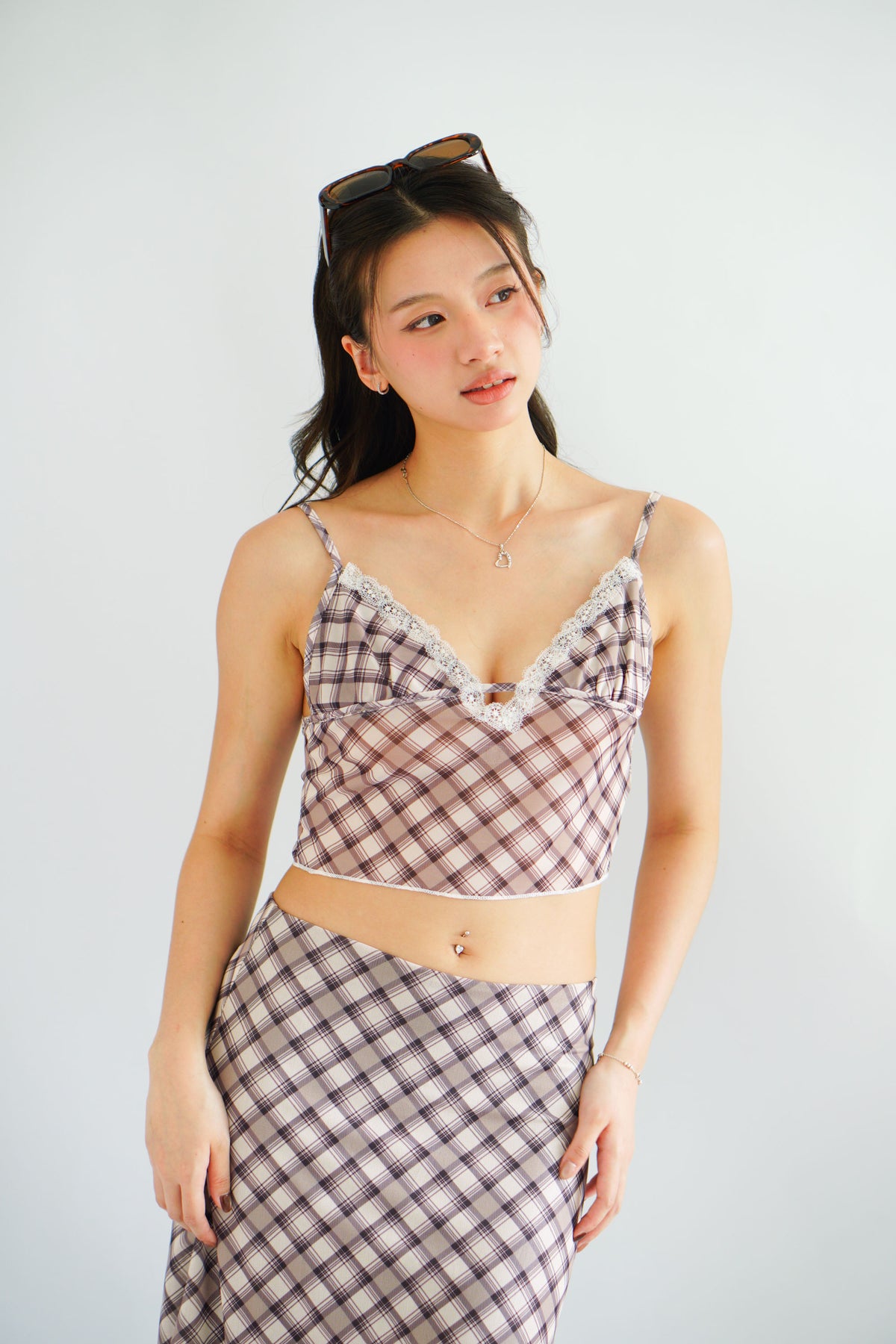 Patsy Plaid Low V Neck Crop Top & Midi Skirt 2 Piece Set in Brown