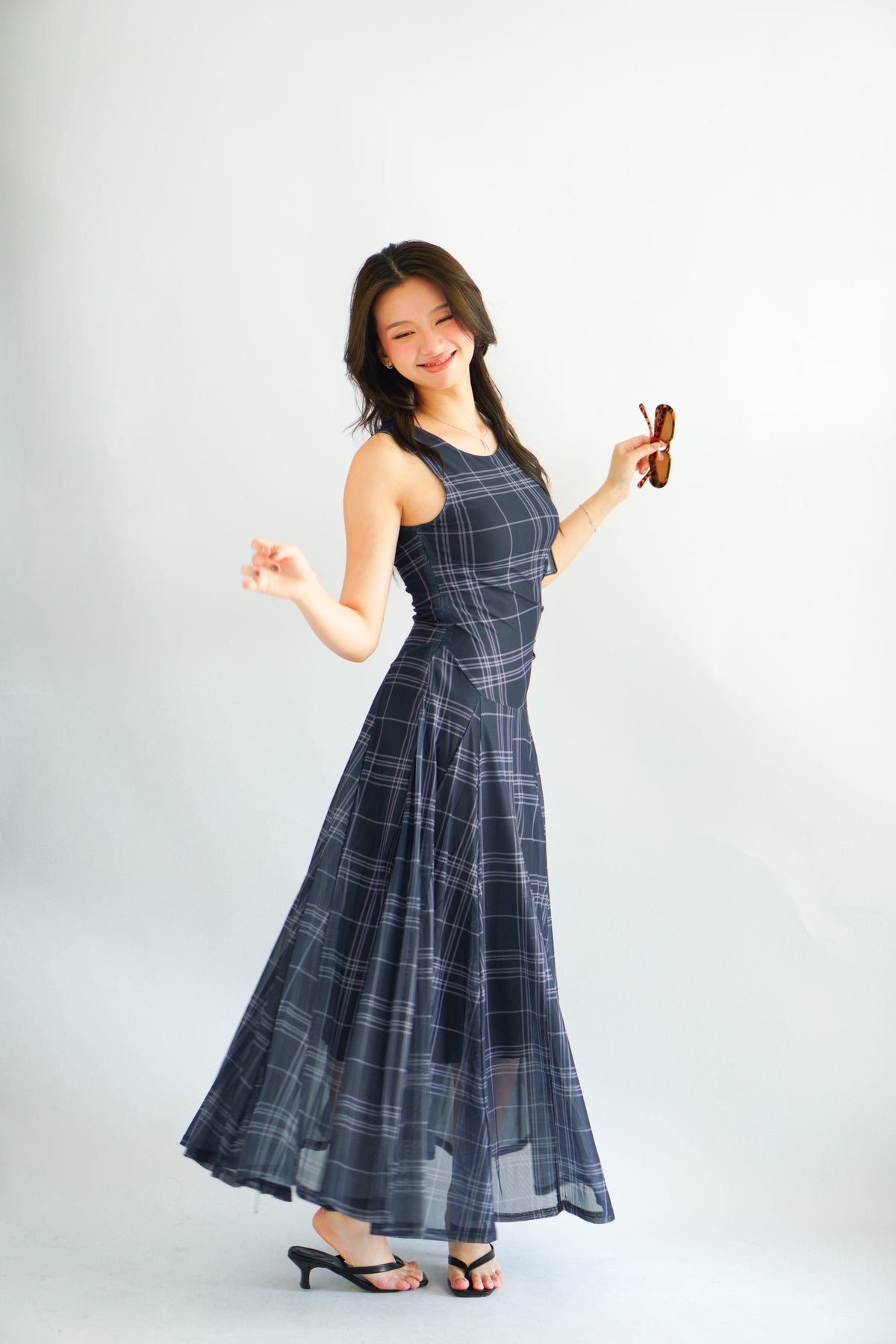 Shermaine Plaid A-line Maxi Dress in Dark Blue