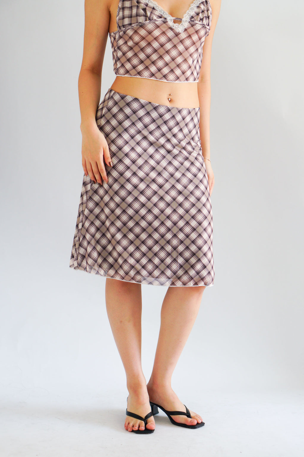 Patsy Plaid Low V Neck Crop Top & Midi Skirt 2 Piece Set in Brown