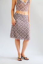 Patsy Plaid Low V Neck Crop Top & Midi Skirt 2 Piece Set in Brown