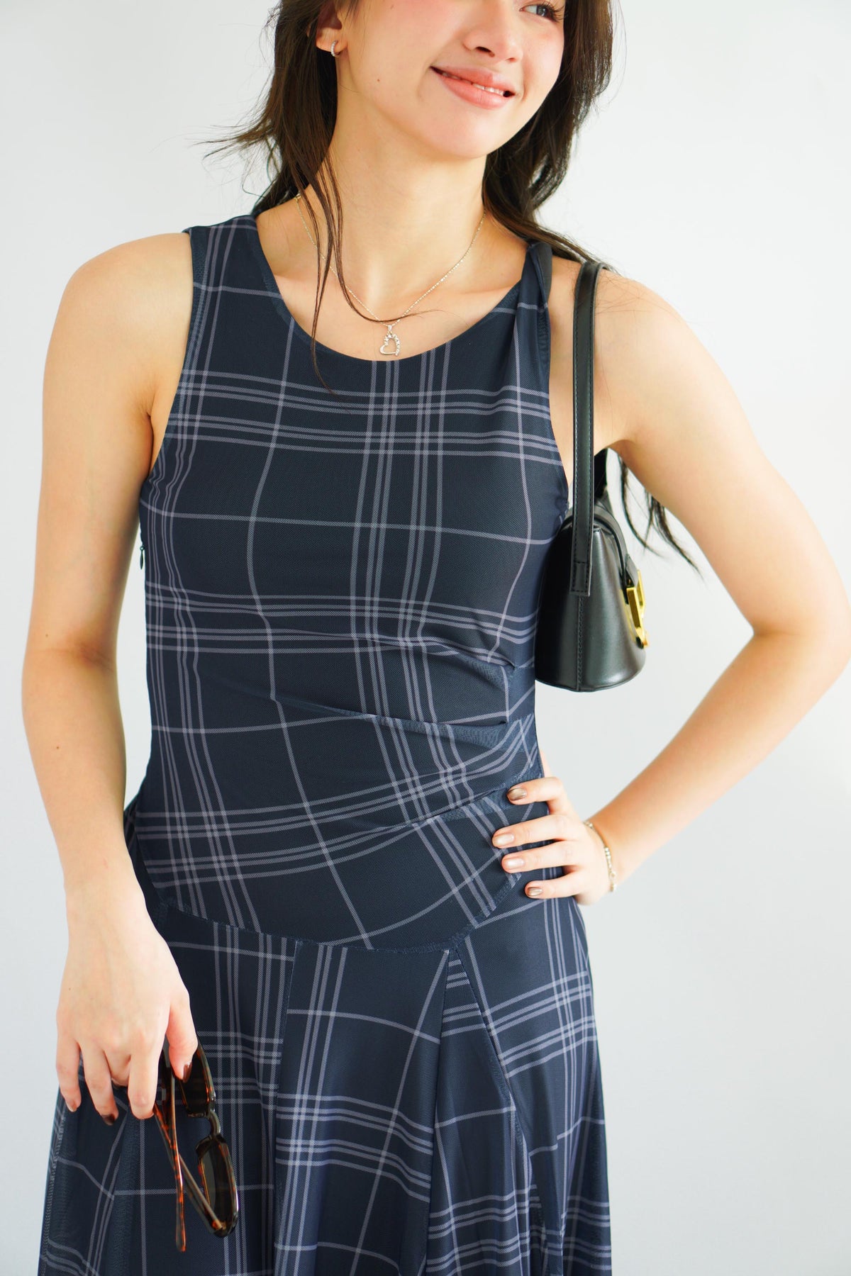 Shermaine Plaid A-line Maxi Dress in Dark Blue