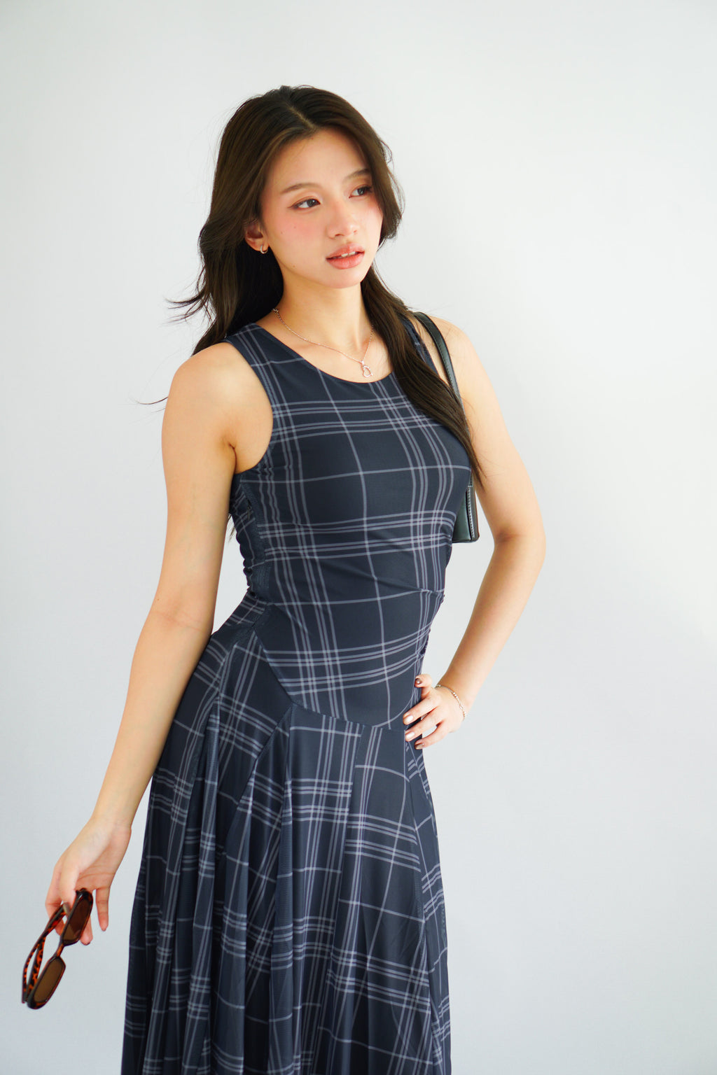 Shermaine Plaid A-line Maxi Dress in Dark Blue