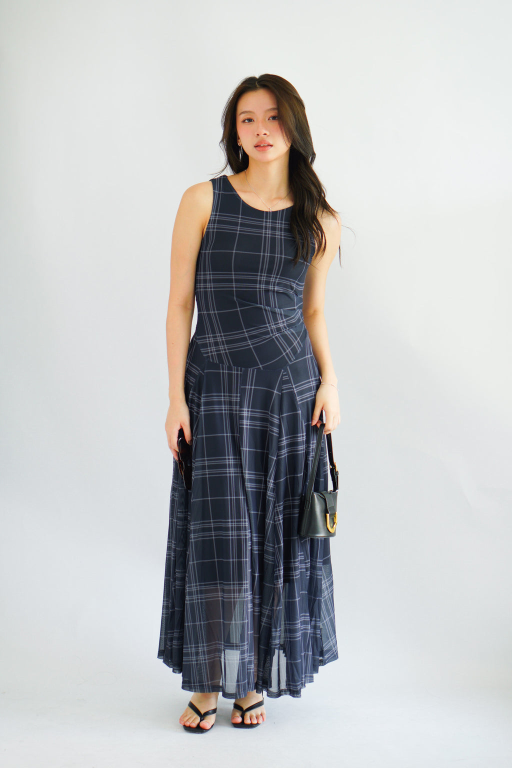 Shermaine Plaid A-line Maxi Dress in Dark Blue