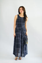 Shermaine Plaid A-line Maxi Dress in Dark Blue
