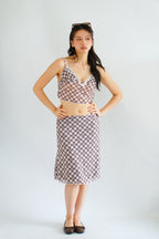Patsy Plaid Low V Neck Crop Top & Midi Skirt 2 Piece Set in Brown