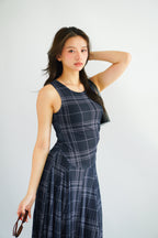 Shermaine Plaid A-line Maxi Dress in Dark Blue