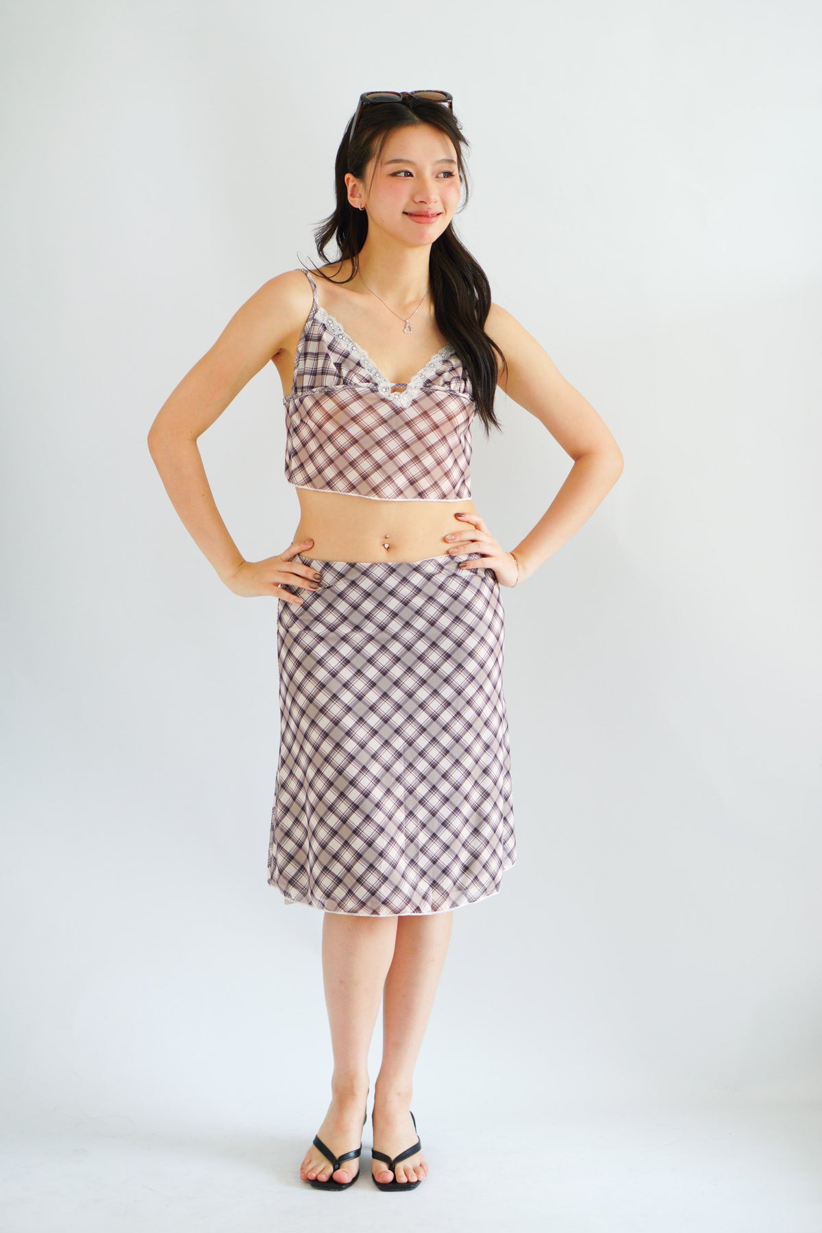 Patsy Plaid Low V Neck Crop Top & Midi Skirt 2 Piece Set in Brown